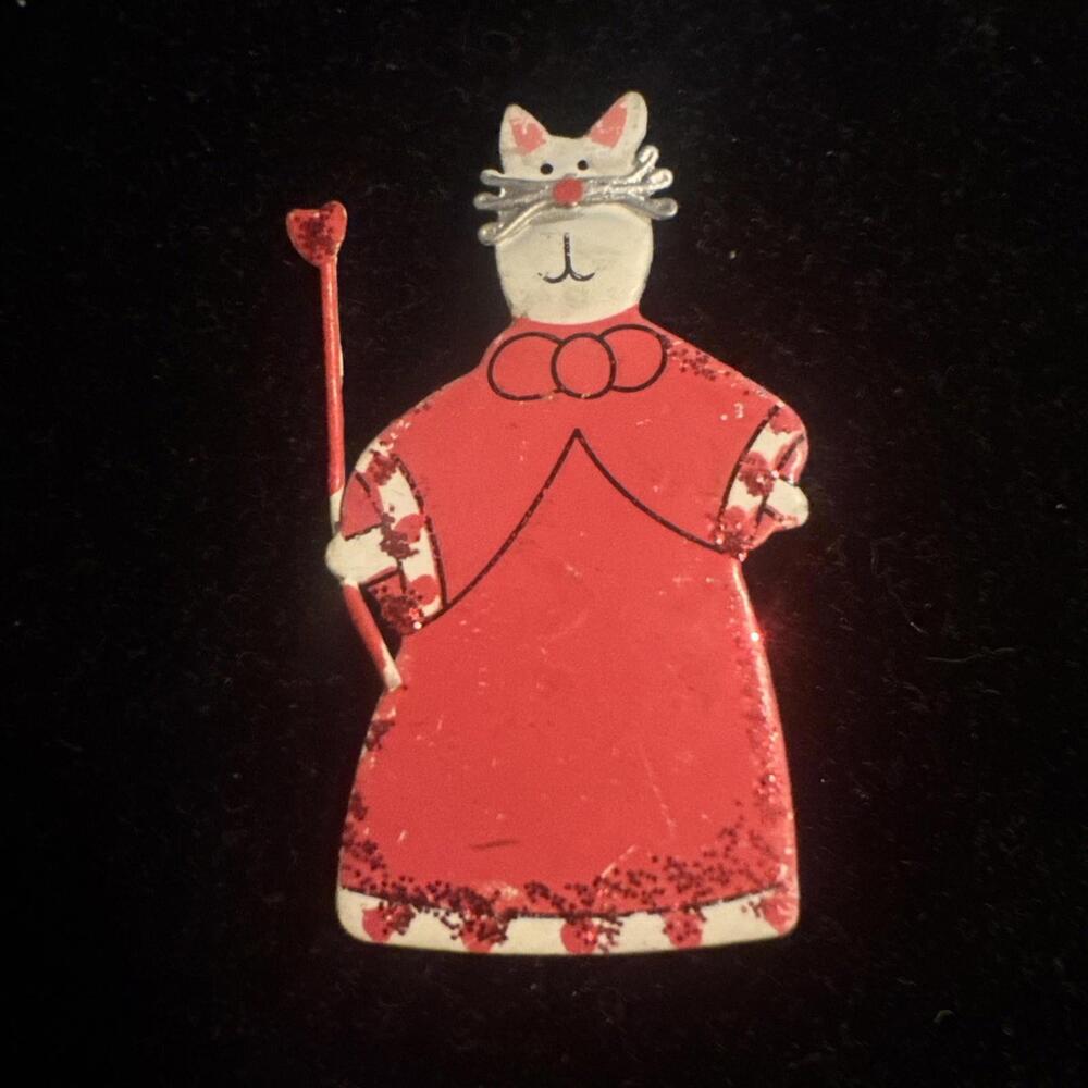 Jim Shore  Cat Wand Pin Brooch ~  Metal Pink Check